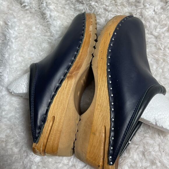 Vintage Troentorp Rembrandt  Leather Navy Blue &black Clogs wooden sole EUR SZ46 - Picture 4 of 8